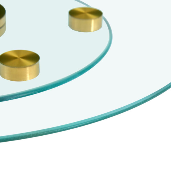 e3d15b466ce74eff83e0a4e6f0eaeffb_a4035650720fbbb7ef4be1b06ce80baf Double layer rotatable round glass.Golden aluminum plate,The rotatable design makes it convenient to retrieve and place items.The upper glass has a diameter of 24 inches, the lower glass15 inches.