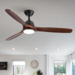 52-inch Yuhao Farmhouse Rustic LED Ceiling Fan with brown wood blades and integrated dimmable LED light, remote control included.
