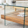 31.4 Inch Modern Two-Tier Square Coffee Table -An Elegant Combination of Clear Glass and Light Wood Texture Sticker.It can be used not only as a coffee table but also as a side table or display stand.