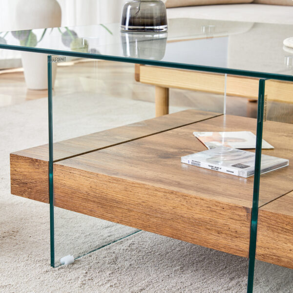 e3ee80b6d39240cc9bbe0ea61d17c9f7_9dbfbd6f0969711ff37d361ba478bf2b 31.4 Inch Modern Two-Tier Square Coffee Table -An Elegant Combination of Clear Glass and Light Wood Texture Sticker.It can be used not only as a coffee table but also as a side table or display stand.
