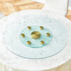 Double layer rotatable round glass.The rotatable design makes it more convenient to retrieve and place items.The upper glass has a diameter of 30.3 inches, while the lower glass15 inches.