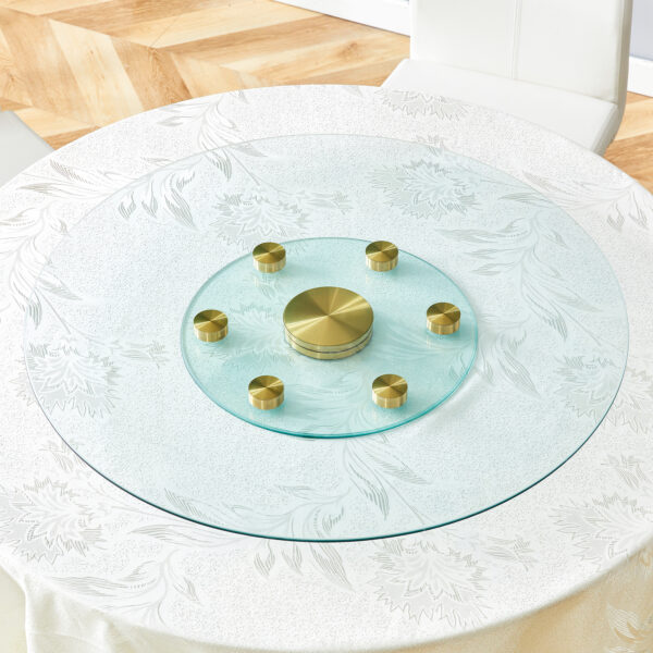e3f37c848913480ab68bb9419e65916a_6ae223827de2fb9e58fbd1809e55d996 Double layer rotatable round glass.The rotatable design makes it more convenient to retrieve and place items.The upper glass has a diameter of 30.3 inches, while the lower glass15 inches.
