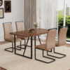 Table and chair set.A retro rectangular dining table with fishbone patterned MDF desktop and black metal legs.Paired With 4 Brown technology fabric chairs with Featuring arched black legs.