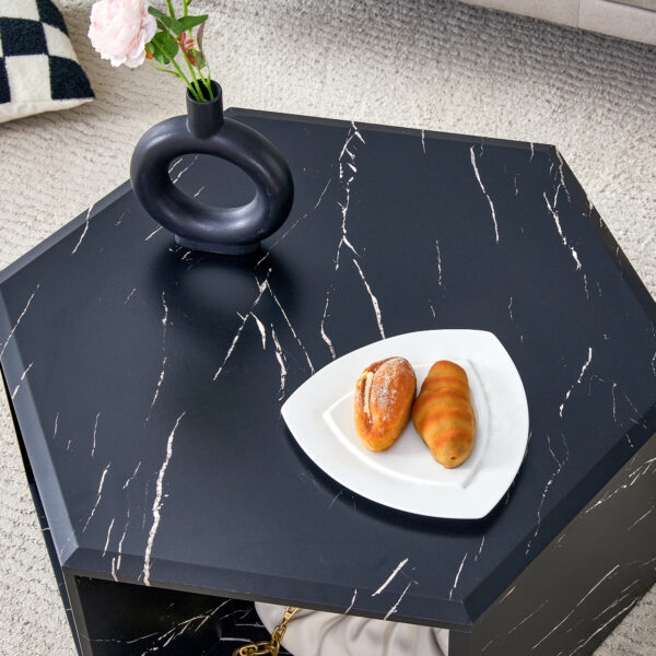 e409cc6355de4bf9bcf2eb4b0945faf0_c332abb2d701b108b0376679bf388399 Modern Minimalist Black Hexagonal Coffee Table Set.Hexagonal MDF coffee table, characteristic pattern stickers, multi-hole design to give more storage space.Two coffee tables of different sizes.