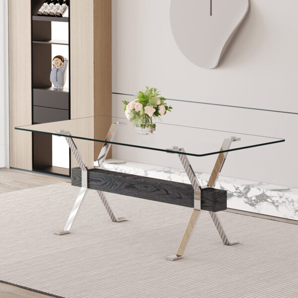 e40a378dd2fc4bdca348eeeaa42e8012_34ab3d74175a95abdf9bb8e81cd45bbd Dining table. Modern tempered glass dining table. Large modern office desk with silver plated metal legs and black MDF crossbars, suitable for both home and office use. Kitchen. 71 ''x35.4''x30 ''