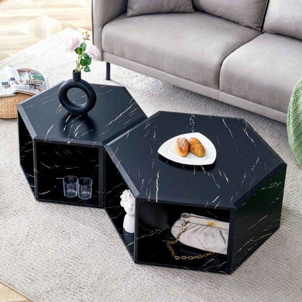 e413e2b3a89f4c8191ba1b96a6afad08_581fbf36fb63de291eddcfab1c19ac62 Modern Minimalist Black Hexagonal Coffee Table Set.Hexagonal MDF coffee table, characteristic pattern stickers, multi-hole design to give more storage space.Two coffee tables of different sizes.