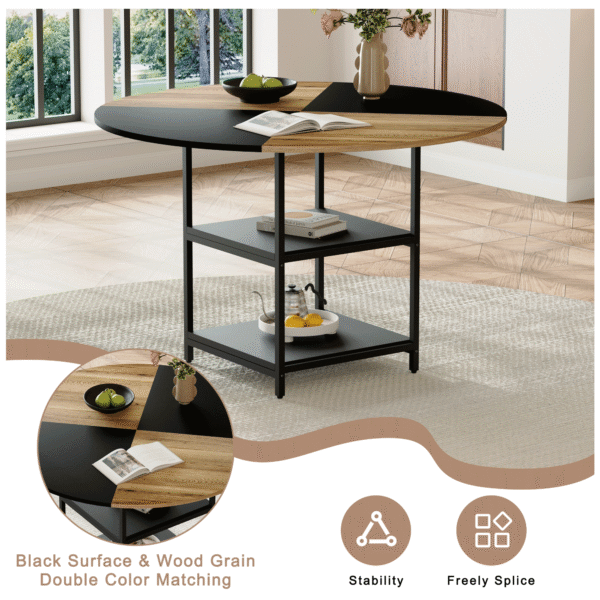 e42c000ef56c454f8ed79a8840641752_872427c0db6ae8addd136b0a81563d44 Table and chair set. A 47.3-inch diameter modern spliced color circular dining table - double-layer storage.Paired With 4 Black Linen-Cotton Material High Resilience Dining Chair with Metal Black Leg.