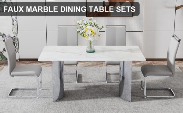Modern minimalist dining table. Imitation marble glass sticker desktop, stainless steel legs, stable and beautiful. 4 premium PU seats. 63 inches * 35.4 inches * 29.5 inches DT-69 C-1162