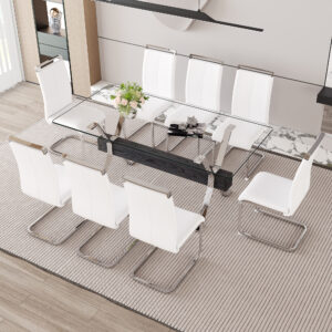 Table and chair set.Elegant Transparent Tempered Glass Dining Set - 71"x35.4" with 8 White PU Chairs with silver C-tube metal leg.