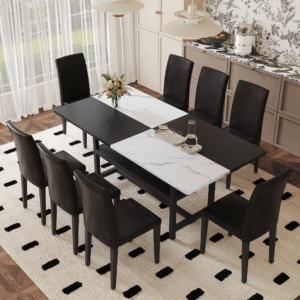 Table and chair set.71*35.4 inch White And Black Spliced Dining Table With Storage Function In The Middle Of The Table Legs.Paired With 8 Black PU Dining Chairs, Simple And Versatile.