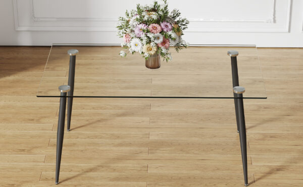 Modern minimalist rectangular transparent tempered glass dining table, 0.4 inches thick, black metal legs, suitable for kitchen, dining room, and living room 63 "* 35.4" * 30 " DT-1544