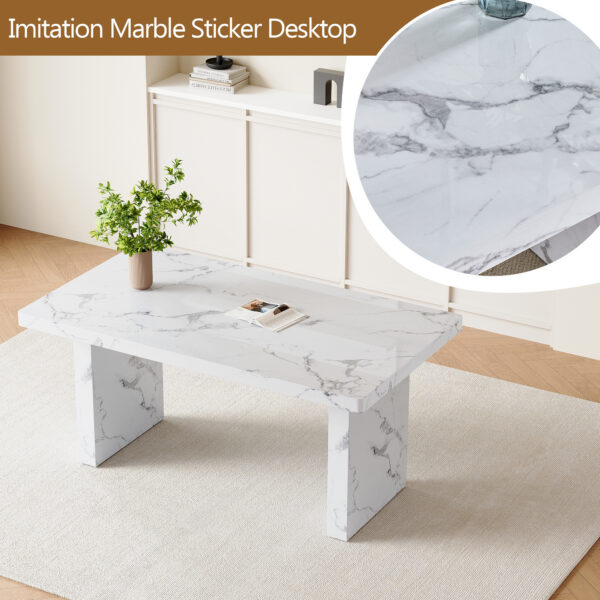 e4a2c1ee52c448d9ba90e9cef9dce26f_41fba4b62f2fd678c169fd8299deb00d Table and chair set.63"*35.4" White Imitation Marble Pattern MDF Dining Table Set - 4 White PU Chairs with a vertical stripe design on the backrest.Create Your Exclusive Low-Key Luxury Space.