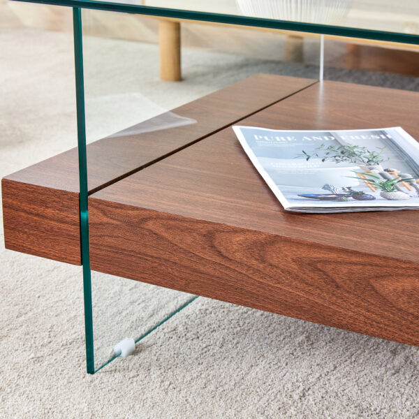 e4c3797213374cd4a0ddcdf0dfaf082e_49eff80363e52ab50a9e5ee9b731274c 31.4 Inch Modern Two-Tier Square Coffee Table - An Elegant Combination of Clear Glass and Dark Wood Texture Sticker It can be used not only as a coffee table but also as a side table or display stand.