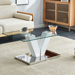 Modern minimalist coffee table. Transparent tempered glass tabletop with silver MDF pillars. Suitable for living room and dining room