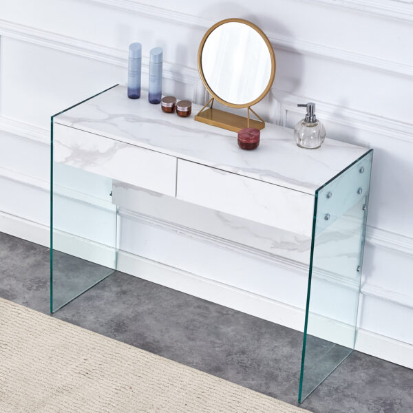 White environmental protection MDF minimalist dresser, desk, desktop computer desk, with double drawer storage space, simple home, perfect for various styles of home environment.