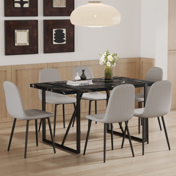 e50f66e5a66644148b38133111fbeb18_02684c6214520135a3972715b14fe578 Table and chair set.Modern Black Marble Pattern MDF Dining Set - 55"x31.4" with 6 Light Gray Linen Fabric Chairs.Iron Pipe Spraying Chair Legs.Suitable for kitchen,Dining room,etc.