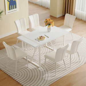 55"x31.5"Cream-Style White MDF Dining Table Set with 6 Armless Chairs.MDF Tabletop and metal legs.The backrest of the dining chair has a vertical line design.Adding a warm atmosphere to your family.