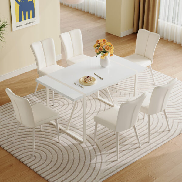 e519517005504de1b3346fdfc18727e7_cb75b3cb03c12180478f836697648164 55"x31.5"Cream-Style White MDF Dining Table Set with 6 Armless Chairs.MDF Tabletop and metal legs.The backrest of the dining chair has a vertical line design.Adding a warm atmosphere to your family.