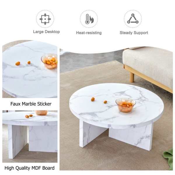 e52217cb822e4041b4e9c171ec1e1905_20240123_3aa1ec540eaed47942073387e5ce1a35 A white MDF material circular patterned coffee table, a 31.4-inch white center table, modern coffee table, suitable for small spaces and living rooms.