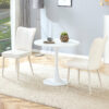 Table and chair set.Hourglass-Shaped Stable Small Round Table -31.9" * 31.9" with 2 Cream-Style dining chairs with a vertical line design on backrest.Adding a warm atmosphere to your family.