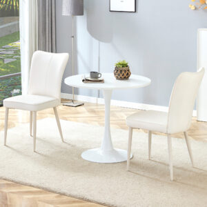Table and chair set.Hourglass-Shaped Stable Small Round Table -31.9" * 31.9" with 2 Cream-Style dining chairs with a vertical line design on backrest.Adding a warm atmosphere to your family.
