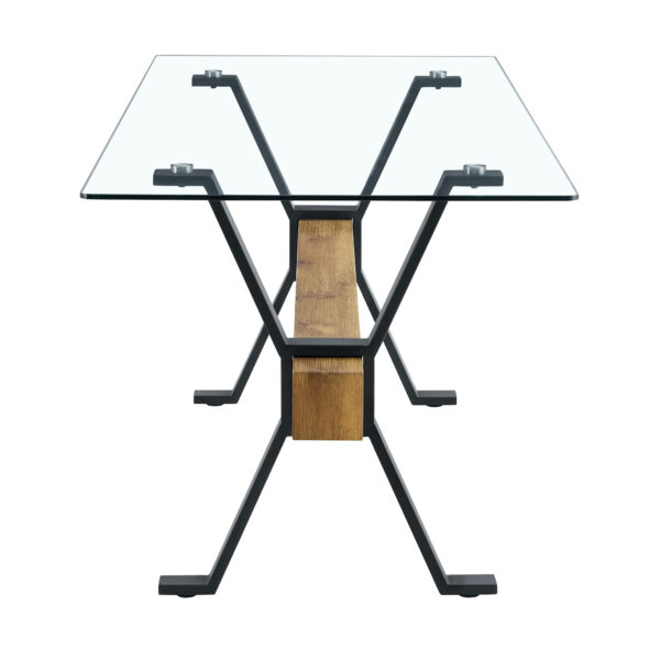 Table and chair set.79"x31.5" with X-shaped Black Metal Table Legs,Wood Grain Textured MDF Crossbeam.Paired With 8 Modern Mid-Century Style Upholstered Side Black PU Chairs.