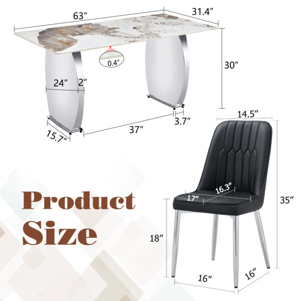 e55c28000c704aa78b86302479a59226_aab3b8fb3494d17ae8d9ca76bde1b260 Table and chair set.63*31.4 Inch Pandora Patterned Sintered Stone Dining Table Set - 4 Black Chairs With Silver Metal Legs.Modern Light Luxury.Perfect For Dinner Room,Meeting Room,Kitchen,etc.