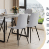 Table and chair set.A minimalist retro rectangular dining table with a textured top and black metal legs.Paired With 6 Light Gray Linen-Cotton Dining Chairs With Curved Widened Cushion Design.