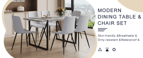e573e8b519294e3fa4c3aea8b27ba466_014779d189168cb16d29ef1278d00a75 Table and chair set.A minimalist retro rectangular dining table with a textured top and black metal legs.Paired With 6 Light Gray Linen-Cotton Dining Chairs With Curved Widened Cushion Design.