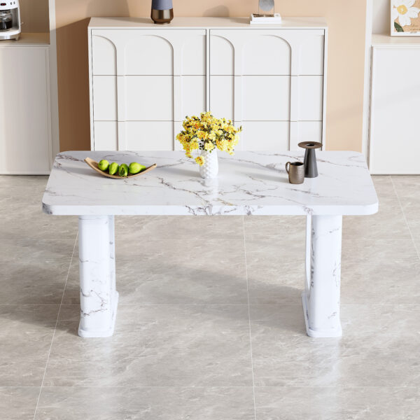 e57d56015e96473f9226ff141ecf9ed6_c70455d1dc743aa92e1628f3ddc6bffc 64.5 x 35.4 Inch Stylish Marble Textured Dining Table, Perfectly Blending Simplicity And Transparency. Made of MDF Material With White Marble Texture Stickers, It Exudes A Strong Sense Of Fashion.