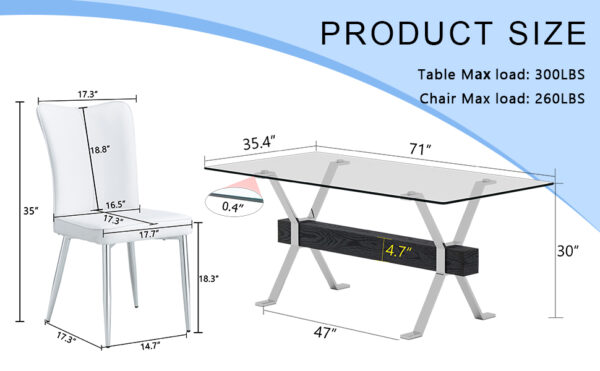 e58a3097f736478b9d46d6bd8e456d05_b8f784fcd8fb6a8e765ea261d868fbde Table and chair set.Elegant Transparent Tempered Glass Dining Set - 71"x35.4" with 8 White PU Chairs with a vertical stripe design on the backrest.