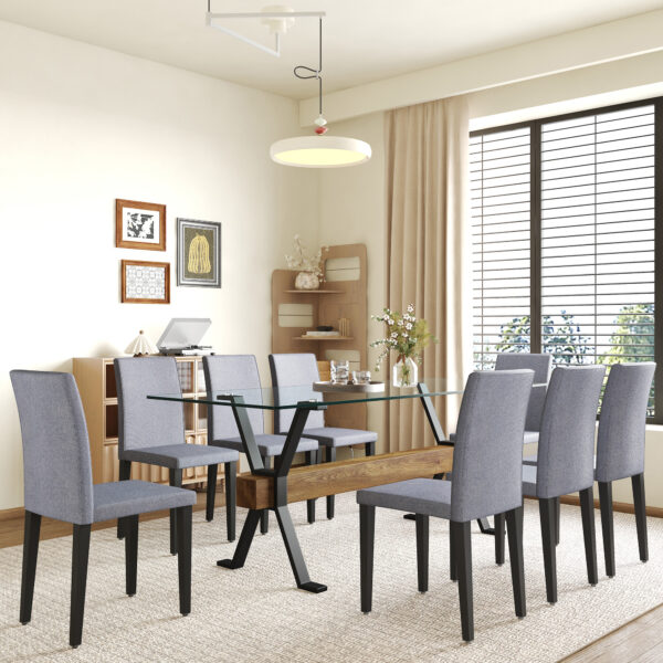 e59b3ff527f84cec9a3c99460fc8953a_32fed8ceb19354914889df1476dd9c09 Table and chair set.79"x31.5" Inch Tempered Glass Tabletop With X-shaped Black Metal Table Legs,Wood Grain Textured MDF Crossbeam.Paired With 8 Light Gray Linen-Cotton Dining Chairs.