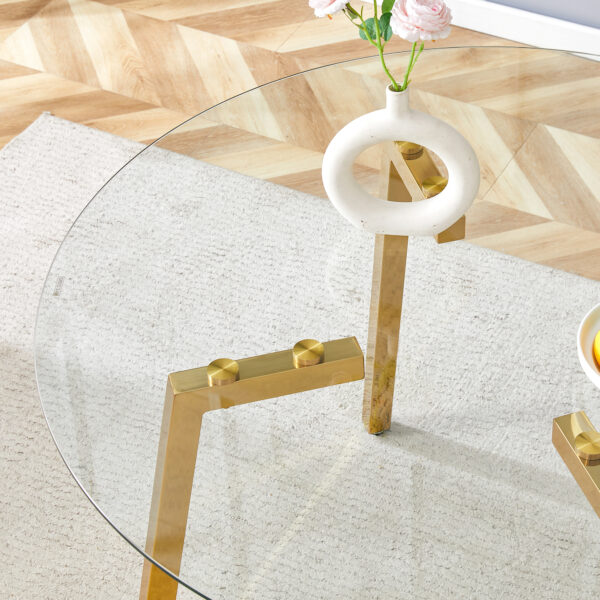 e5ad415593da4512a531e581823749e8_b5b244acdf5128138814bf59d4b5b338 Modern Luxurious Round Tempered Glass Dining Table with Gold 7-Shaped Metal Legs,suitable for family meals, office conferences, or as a casual coffee table for various occasions.47.3*47.3*29.5