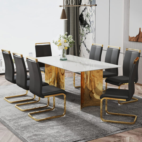 e5b9e22211b44248af62b5460102c95a_20231122_e68d456b59530d301128e4bfe30ebef1 Modern minimalist dining table. The white imitation marble glass desktop is equipped with golden metal legs. Suitable for restaurants and living rooms 71 "* 39.3" * 29.5 "DT-69