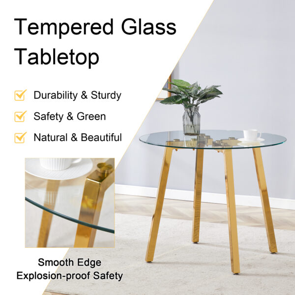 e5d0b6656d884ade8902d23a7ecf7278_1983f5a84460ae80dee277a64f2acd90 Modern Luxurious Round Tempered Glass Dining Table with Gold 7-Shaped Metal Legs,suitable for family meals, office conferences, or as a casual coffee table for various occasions.36*36*29.5