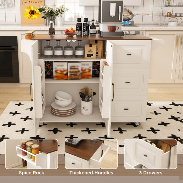 e5d2bc4a26b24832aba4f9cfeac5c847_4577c7c3932d0a8027fe14bcc67e0df0 White Kitchen Island Cart with Foldable Tabletop & Drop Leaf - Mobile Breakfast Bar on Wheels with Wood Top and Storage