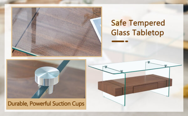 43.3 Inch Modern Two-Tier Coffee Table - Clear Tempered Glass and Dark Wood Grain, Multifunctional Storage Design.The bottom tier includes a drawer.Can be used as a coffee table,side table,etc.