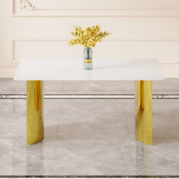 e61929bcb3a6418f8d2c0f9a8e977910_35bcf9cd588b34220d18f93aaa43a170 Modern minimalist dining table. White imitation marble glass sticker tabletop, golden table legs, stable and beautiful. Suitable for living room and dining room 63" *35.4" *30 DT-69