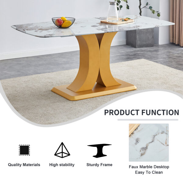 e61b6a9ccc894a7f8284b1f9a3b6c500_062dd9893f0c07c58625139546d83d1f A modern minimalist dining table. Imitation marbled glass tabletop. Gold MDF table legs for kitchen and living room