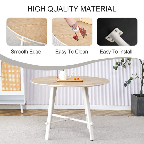 e61d3995bcaf4f6192d33d3abd073489_35badbf1519f7f89864c457096e6244a A modern and minimalist circular dining table with a 42 inch diameter wood colorer patterned tabletop and white metal legs. Suitable for restaurants, living rooms, and conference rooms.