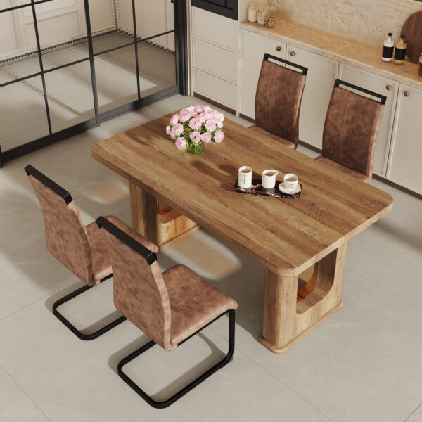 e62420954ac34f25800b8d014fea392d_03232736efae170fd22ebd2074d8b4fd Table and chair set.64.5 x 35.4 Inch Stylish Wood Color Textured Dining Table.Perfectly Blending Simplicity And Transparency.Paried With 4 Brown technology fabric chairs with arched black legs.
