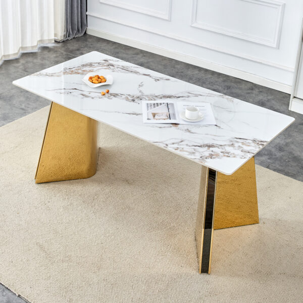 e6282167cb8940c6a58edd951734fdd2_fd25d02564b301cd38fb1ef64dd1cbce 63"x31.5x30" Luxurious Cold Jade Slab Dining Table with Golden Stainless Steel Butterfly Legs.The tabletop is designed to be scratch and heat resistant.Slabs Tabletop,Golden Stainless Steels Legs.