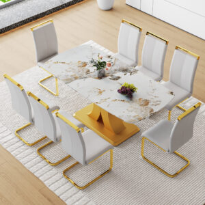 Table and chair set.71"x35.4"x30" Luxurious Pandora Patterned Glass Dining Tabletop with Golden Back To Back C-Shaped MDF Legs.Paried With 8 Light Gray PU Chairs with golden C-tube metal leg.