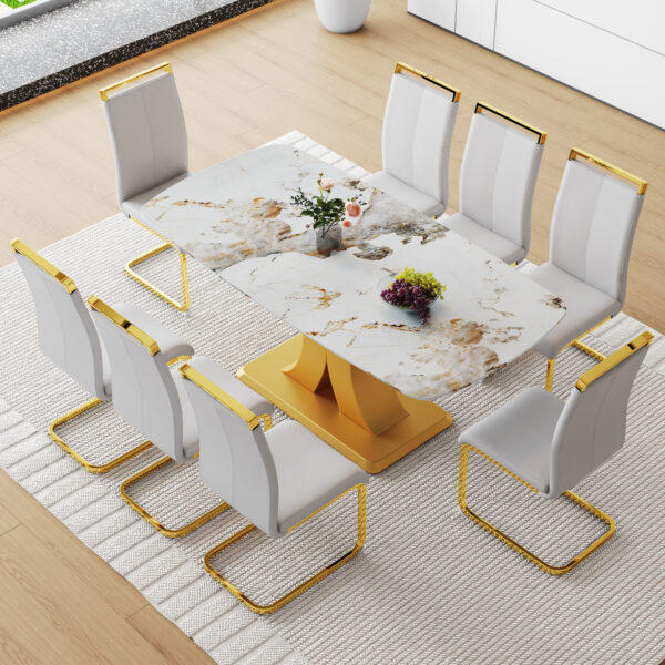 Table and chair set.71"x35.4"x30" Luxurious Pandora Patterned Glass Dining Tabletop with Golden Back To Back C-Shaped MDF Legs.Paried With 8 Light Gray PU Chairs with golden C-tube metal leg.