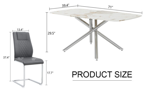 e635fba268b14b4daabc516e3527826f_53e752bd03f47158aa128c0514d10d24 Table and chair set.Modern Luxurious white Marble-Patterned Tempered Glass Dining Table with 8 Chairs.Single fork silver metal table legs.Dark Gray PU dining chairs with silver metal legs.