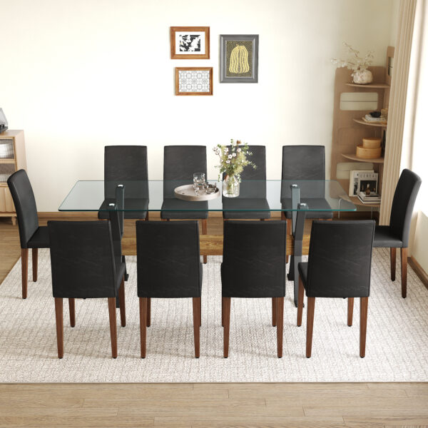 e64b9cec2427475185cc408c4688c024_7e66c03f8d55986f6b72fdeea7d0b74c Table and chair set.79"x31.5" Inch Tempered Glass Tabletop With X-shaped Black Metal Table Legs,Wood Grain Textured MDF Crossbeam.Paired With 10 Black PU Dining Chairs with Walnut Color Metal Leg.