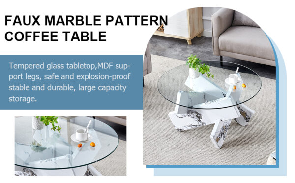 e6772ca95d7f483ea91cdb3fffe18b77_334902154bd347c71f63df597fcf7f07 Round glass coffee table, 33.4 "modern design unique coffee table. Tempered glass countertop with white patterned MDF legs. Suitable for living and dining rooms