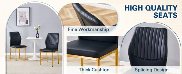 e67835c9859543f0b2139c99934f6462_b8a2c8036aa89f87b0237e5b641ee003 Luxury Simple Chair - Set of 6 BLACK PU Material High Resilience Dining Chair with Metal Gold Leg.The Chair Back Has a Vertical Stripe Design With Smooth And Uniform Lines.