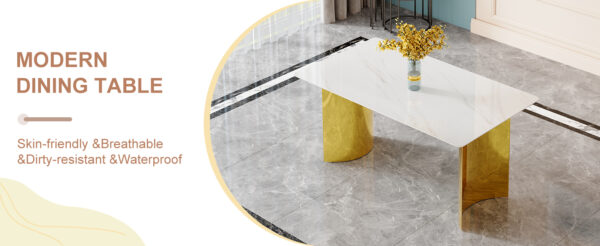 e69168de20154bb3bc21e273afe80bf0_219422b7792bb1ad8418565c827f02cd Modern minimalist dining table. White imitation marble glass sticker tabletop, golden table legs, stable and beautiful. Suitable for living room and dining room 63" *35.4" *30 DT-69