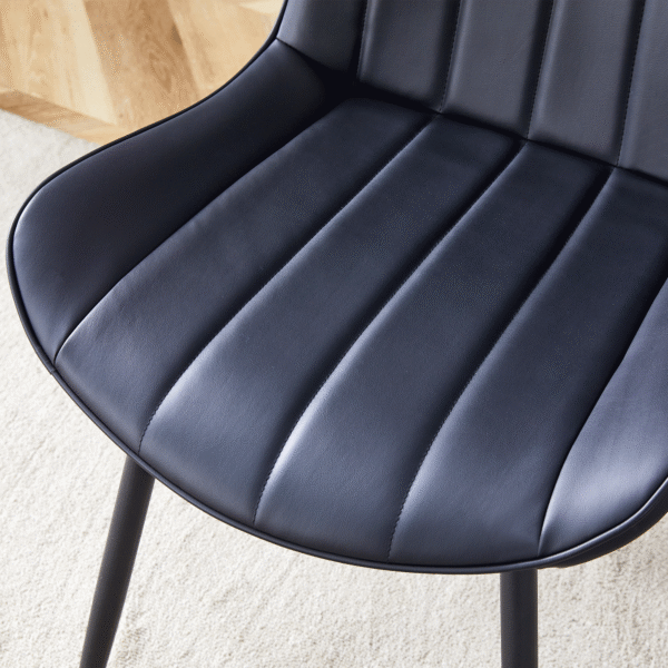 e6b25e2f23164960bb6af1fb4e56288b_26ea0a8e719a3ca6a5651495e7bb0941 Extended Seat Cushion PU Black Dining Chair Set - Four Pieces,Ergonomic Design.Smooth line design,Integral metal leg structure,Can integrate well into various modern home decoration styles.